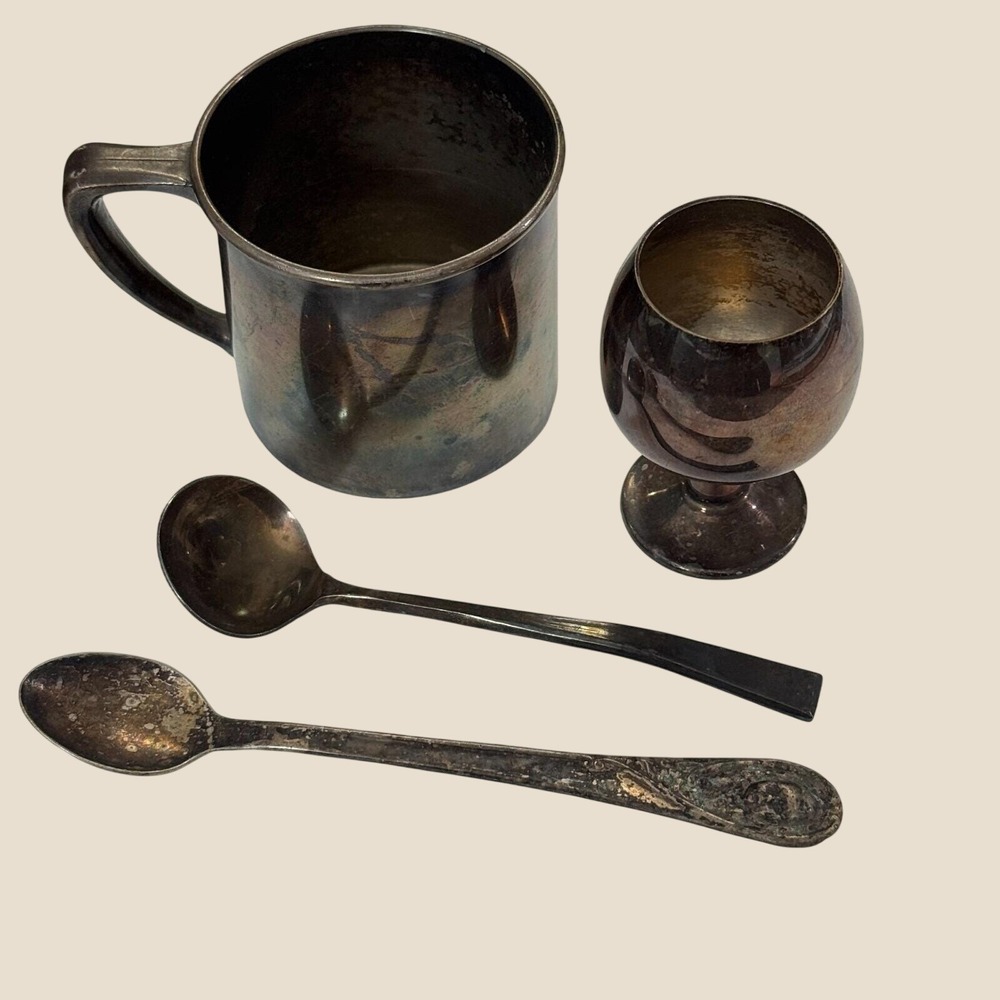Vintage Silverplate Lot Goblet‎ Mug Spoons Mixed Silver Plated Barware Set VTG